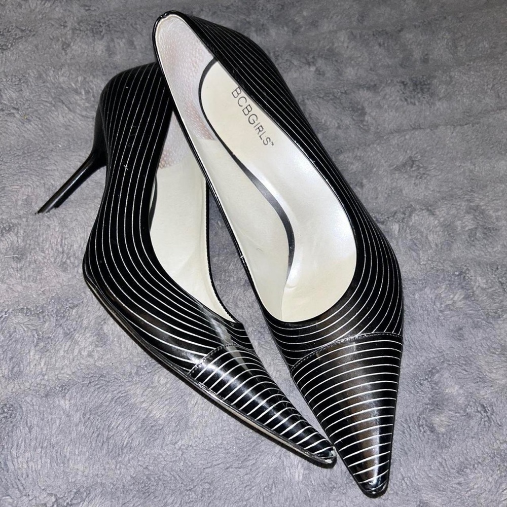 Ladies black striped patent Designer BCBGIRLS stilettos